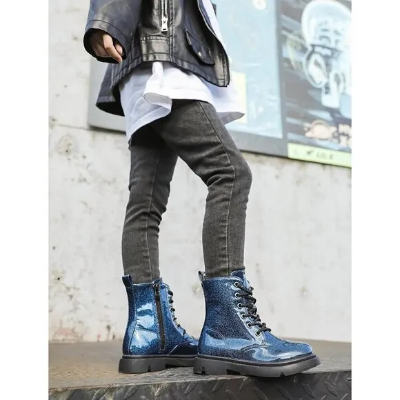 ⭐ Boys Girls Waterproof Mid-Calf Combat Boots Lace-Up Glitter Toddler to Big Kid