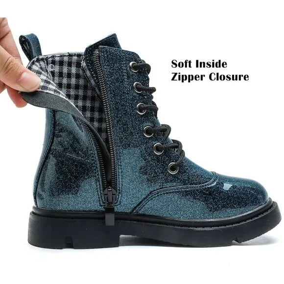 ⭐ Boys Girls Waterproof Mid-Calf Combat Boots Lace-Up Glitter Toddler to Big Kid