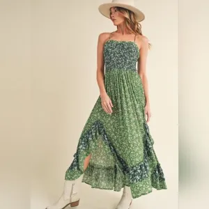 *** Green Ruffled Tiered Maxi Summer Dress