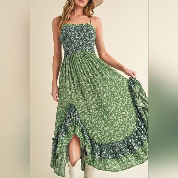 *** Green Ruffled Tiered Maxi Summer Dress