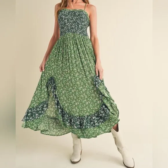 *** Green Ruffled Tiered Maxi Summer Dress