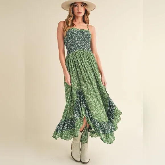 *** Green Ruffled Tiered Maxi Summer Dress