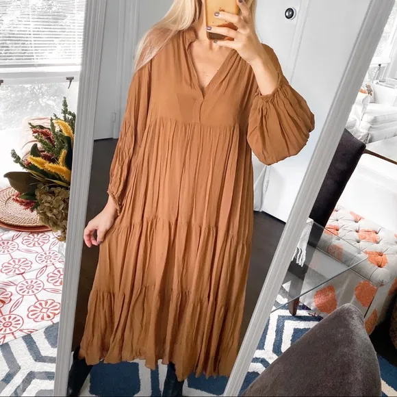 🍂 YOUNG FABULOUS &amp; BROKE BOHO BROWN LOOSE FIT MAXI   CAMISOLE DRESS!