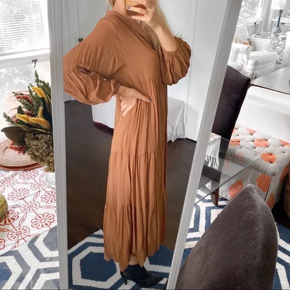 🍂 YOUNG FABULOUS &amp; BROKE BOHO BROWN LOOSE FIT MAXI   CAMISOLE DRESS!