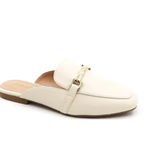174. Elegant Cream Open Back Horsebit Loafers with Gold Detailing