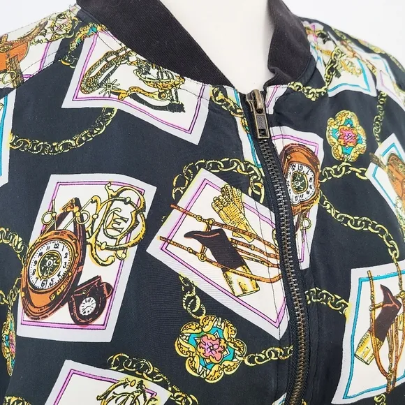 80s equestrian silk bomber jacket Robert Stock black colorful no size