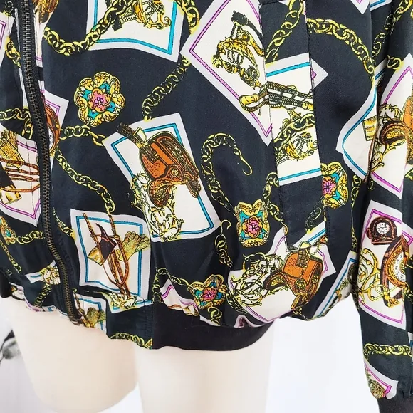 80s equestrian silk bomber jacket Robert Stock black colorful no size