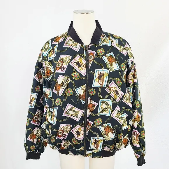 80s equestrian silk bomber jacket Robert Stock black colorful no size