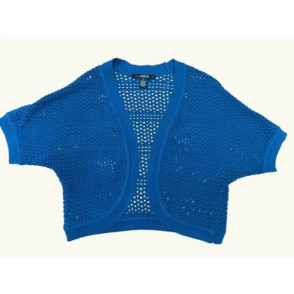 89th &amp; Madison Crop Top Open Knit Cardigan Blue Short Sleeve Layering Sweater XL