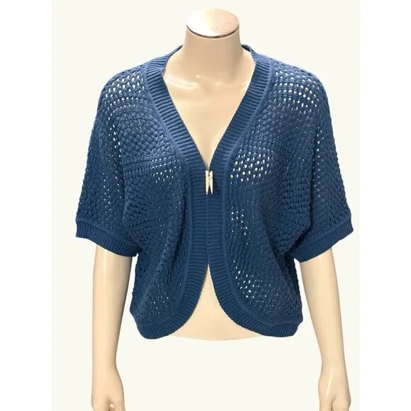 89th &amp; Madison Crop Top Open Knit Cardigan Blue Short Sleeve Layering Sweater XL