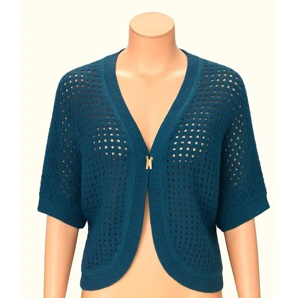 89th &amp; Madison Crop Top Open Knit Cardigan Blue Short Sleeve Layering Sweater XL