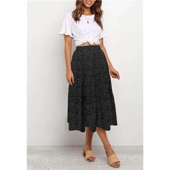 A-LINE Swing Midi Skirts 02-black