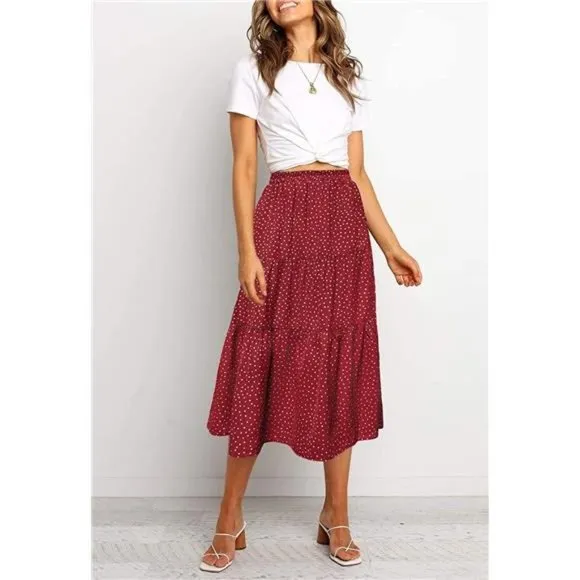 A-LINE Swing Midi Skirts 02-red