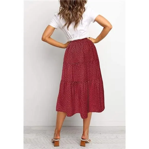A-LINE Swing Midi Skirts 02-red