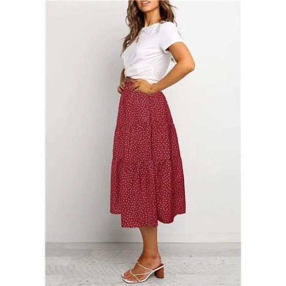 A-LINE Swing Midi Skirts 02-red