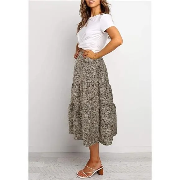 A-LINE Swing Midi Skirts Lightkhaki