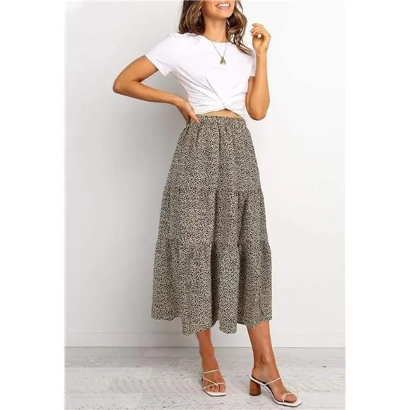 A-LINE Swing Midi Skirts Lightkhaki