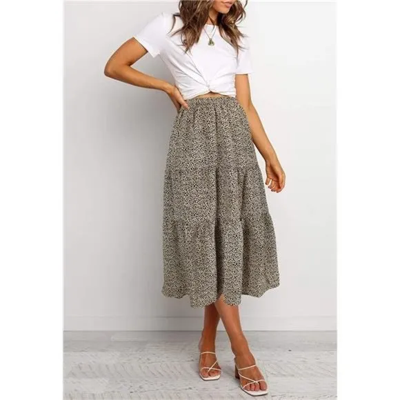 A-LINE Swing Midi Skirts Lightkhaki