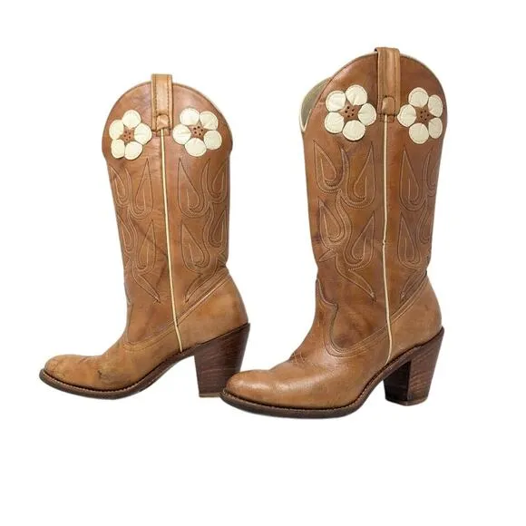 Acme Daisy Cowboy Boots Womens 6.5 M Vintage 70s Western Boots Brown Leather