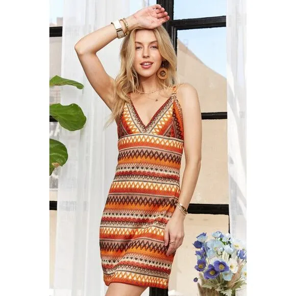 ADORA Contrast Striped Pattern Sleeveless Wide Strap V-Neck Mini Dress | Orange