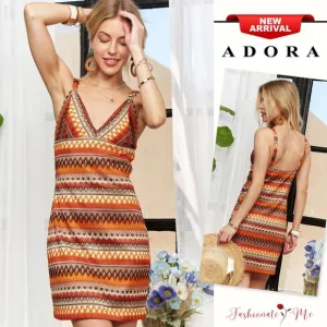 ADORA Contrast Striped Pattern Sleeveless Wide Strap V-Neck Mini Dress | Orange