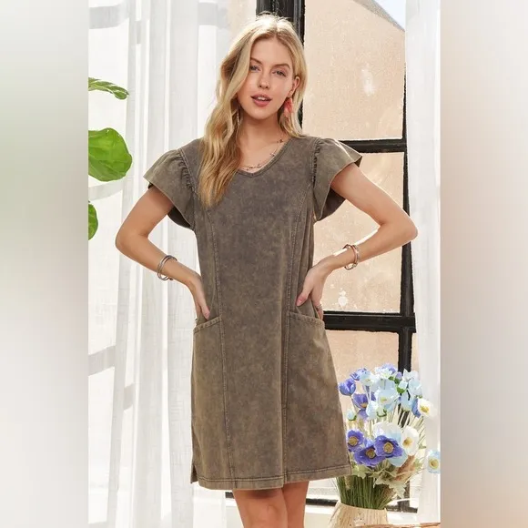 ADORA Mineral Washed V-Neck Ruffled Cap Sleeve Dress
