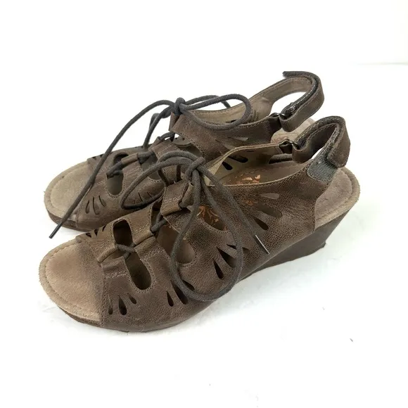 Aetrex Giselle Sandals 7.5 Brown Leather Wedge Shoes Womens EU 38