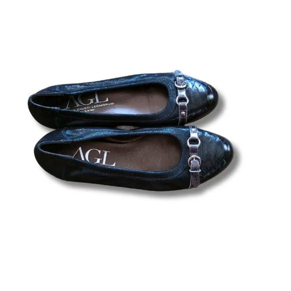 AGL Attilio Giusti Leombruni Size 40EU Navy Blue Metallic Leather Cap Toe Buckle