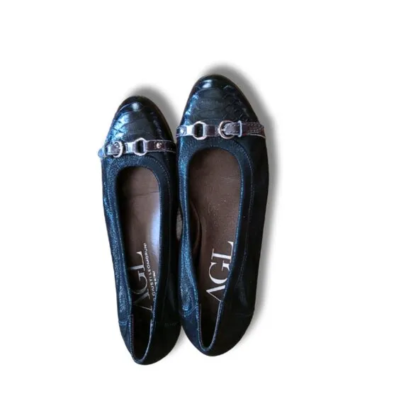 AGL Attilio Giusti Leombruni Size 40EU Navy Blue Metallic Leather Cap Toe Buckle