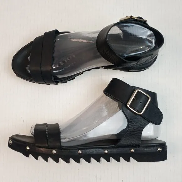 AGL Black Leather Studded Ankle Strap Sandals