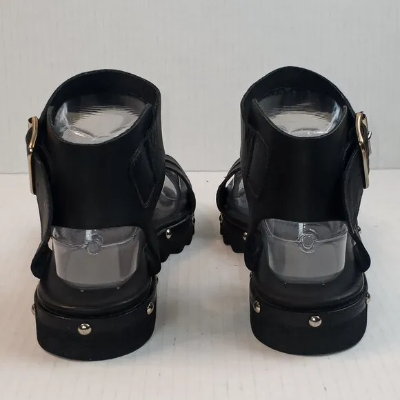 AGL Black Leather Studded Ankle Strap Sandals