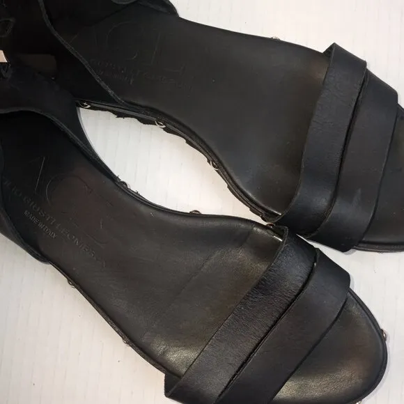 AGL Black Leather Studded Ankle Strap Sandals