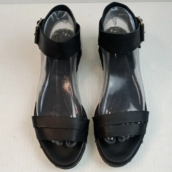 AGL Black Leather Studded Ankle Strap Sandals