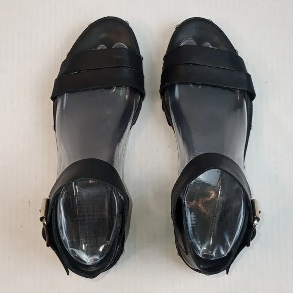 AGL Black Leather Studded Ankle Strap Sandals