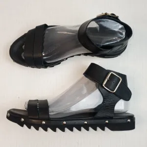 AGL Black Leather Studded Ankle Strap Sandals