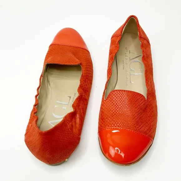 AGL Snakeskin Patent Cap Toe Orange Red Flats 36