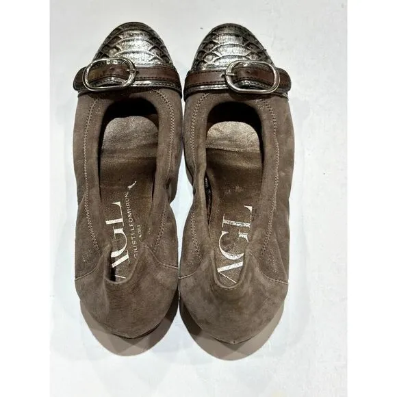 AGL Women's Reptile Print Suede Leather Ballet Flats Taupe Size 37