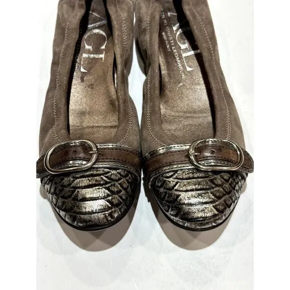 AGL Women's Reptile Print Suede Leather Ballet Flats Taupe Size 37