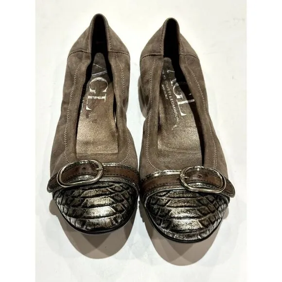 AGL Women's Reptile Print Suede Leather Ballet Flats Taupe Size 37
