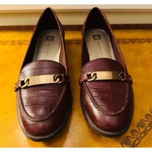 AK Anne Klein Bryanna Slip On Crocodile Leather Cordovan Brown Flex Lug Loafers