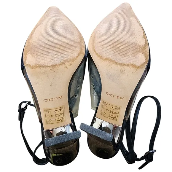 ALDO black &amp; clear vinyl block heels, slingback sandals, size 9