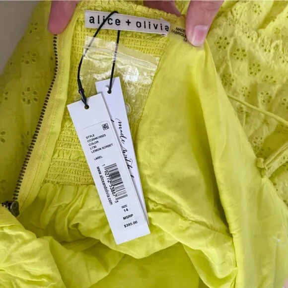 Alice   Olivia Fae Eyelet Sleeveless Mini Dress Lemon Sorbet Yellow New Plus 14