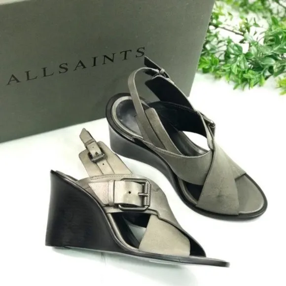 All Saints Women’s Gray Slingback Wedge Sandals Size US 6 EU 37 Brand New