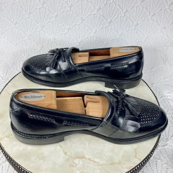 Allen Edmonds Cody Shoes Mens Sz 10.5 Black Leather Woven Tassel Slip-On Loafers