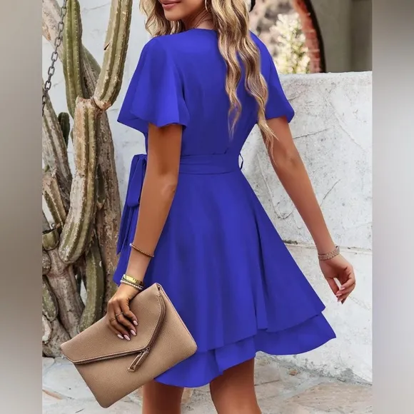 Amoreta wrap short sleeve vneck ruffle mini dress Blue Medium NWOT