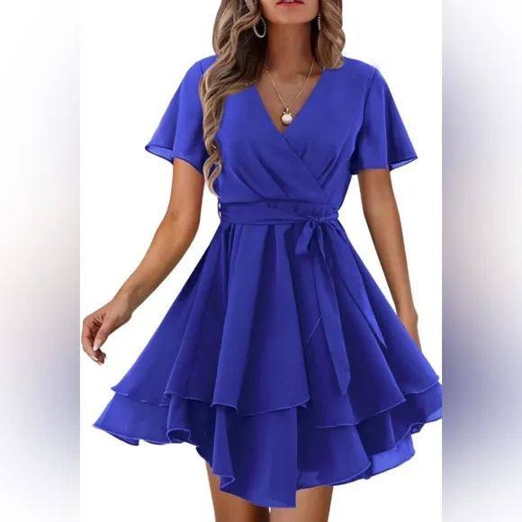 Amoreta wrap short sleeve vneck ruffle mini dress Blue Medium NWOT
