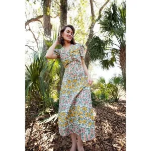 Anna Cate Women's Elise Short Semi-Puffed Sleeves, V-Neck Maxi Dress, Tropicana