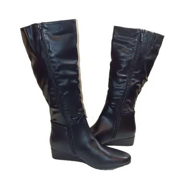 Anne Klein Mollie Boots Womens 5.5 Black Faux Leather iFlex Wedge Heel Knee High