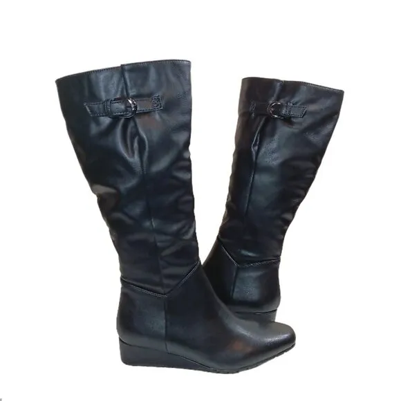 Anne Klein Mollie Boots Womens 5.5 Black Faux Leather iFlex Wedge Heel Knee High