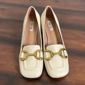 Anthropologie BiBi Lou Cream Ivory Horsebit Buckle Loafers 38 Academia Preppy
